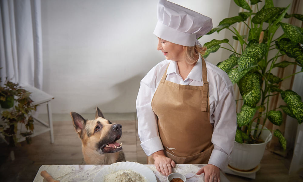A woman wearing an apron and chef hat stands in front of ingredients on a table. She looks at a large dog sitting next to her.